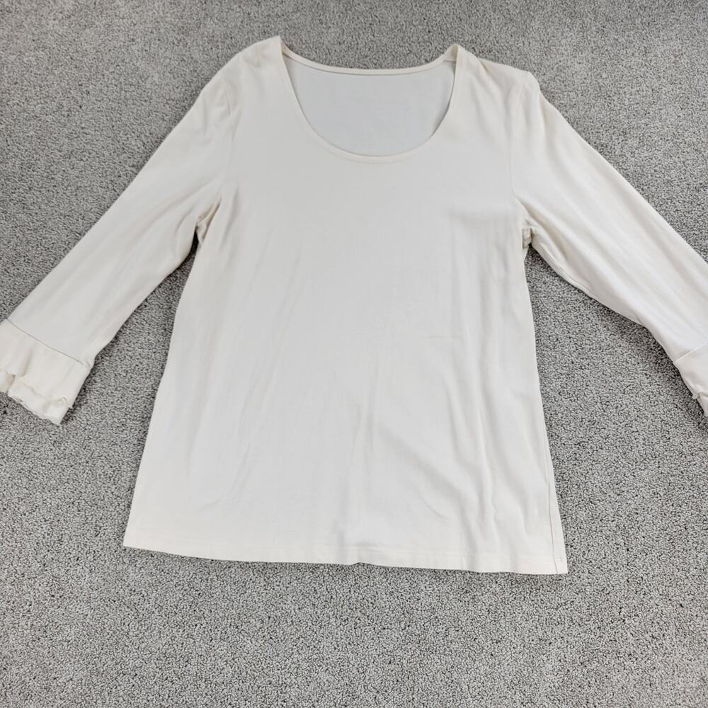 Vintage Womens Shirt XL White Scoop Neck Long Sleeve Ruffle Cuffs Pullover